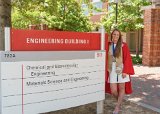 Lizzy with Engineering I building sign : 2018, Graduation Pictures, Lainey Indermaur, NC State, NCSU