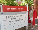 Lizzy with Engineering I building sign : 2018, Graduation Pictures, Lizzie Weaver, NC State, NCSU
