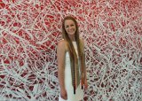 Lainey with Jose Parla mural in Hunt Library : 2018, Graduation Pictures, Lainey Indermaur, NC State, NCSU